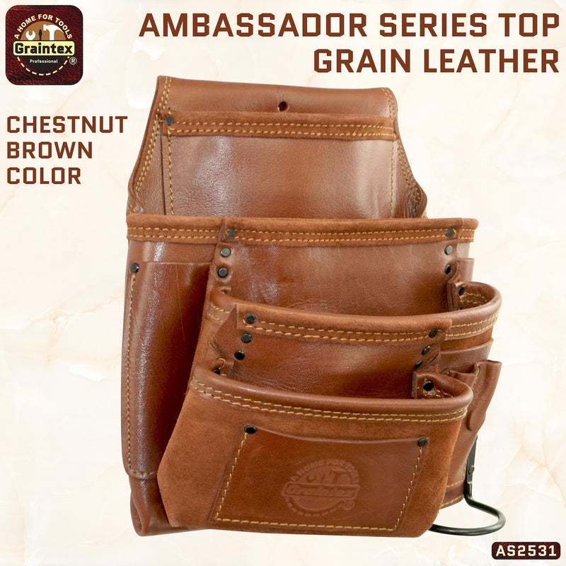 Graintex Ambassador Series 10 Pocket Framers Professional Nail & Tool Pouch Durable and Versatile Genuine Top Grain Leather for Framers, Constructors, Handyman - Chestnut Brown, Left Handed - Image 5